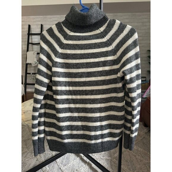 Loft Gray White Striped Stitchy Turtleneck Sweater Long sleeve Womens Size M - Picture 3 of 6